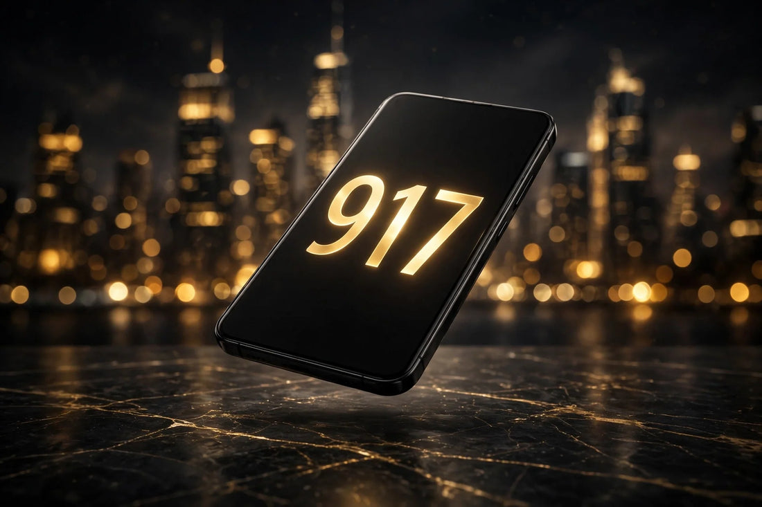 Gold 917 digits glowing on a smartphone screen against the New York City skyline at night