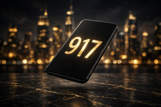 Gold 917 digits glowing on a smartphone screen against the New York City skyline at night