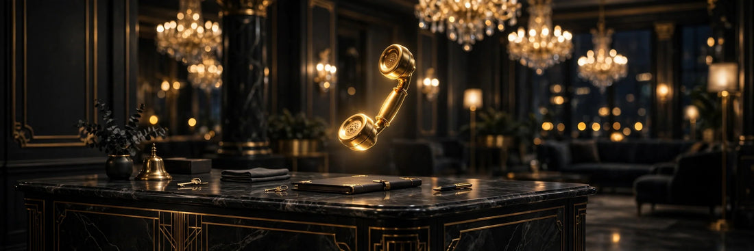 Vanity phone numbers for hotels - luxury hotel lobby with golden telephone receiver
