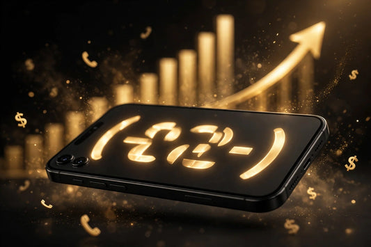Smartphone with glowing golden vanity phone number and rising ROI chart on dark premium background