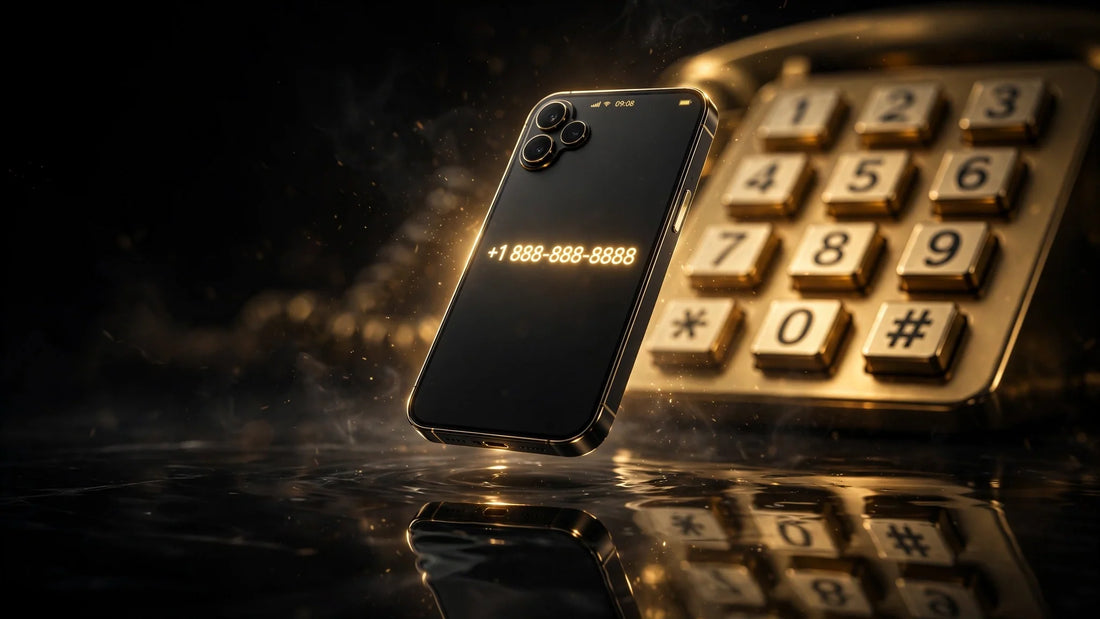 Golden smartphone displaying a repeating-digit premium phone number pattern on a dark background