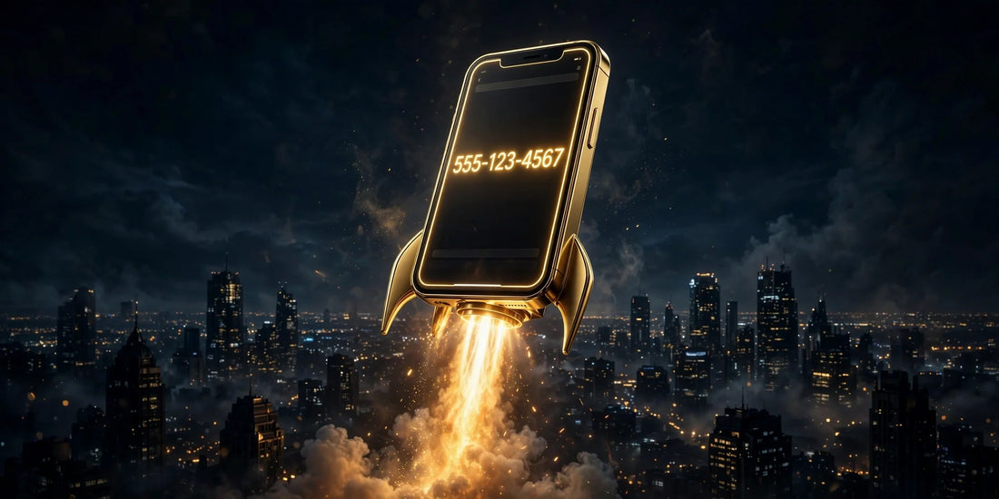 Golden smartphone rocketing over a night city skyline — vanity phone numbers for startups
