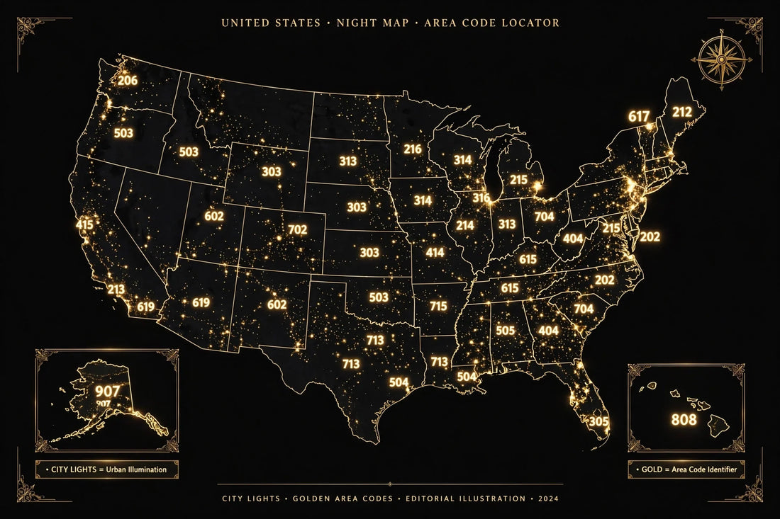 Map of the United States with glowing golden area codes