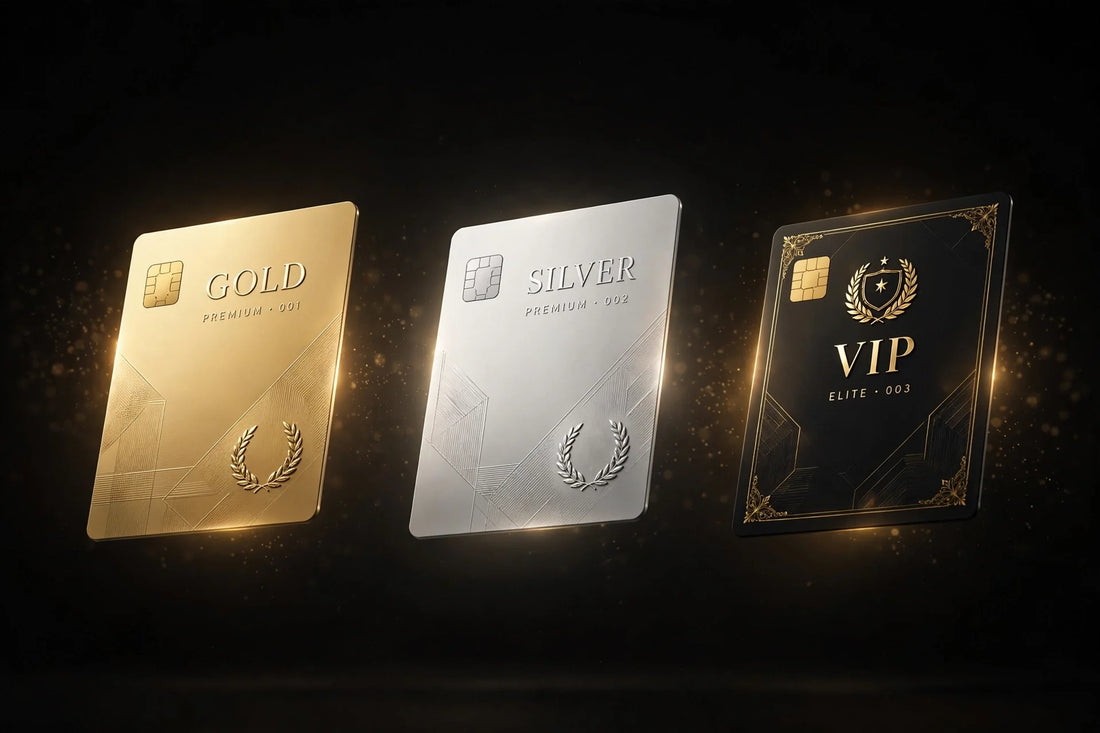 Gold, silver and VIP premium tier cards on a dark background