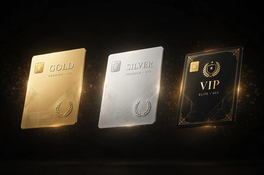 Gold, silver and VIP premium tier cards on a dark background