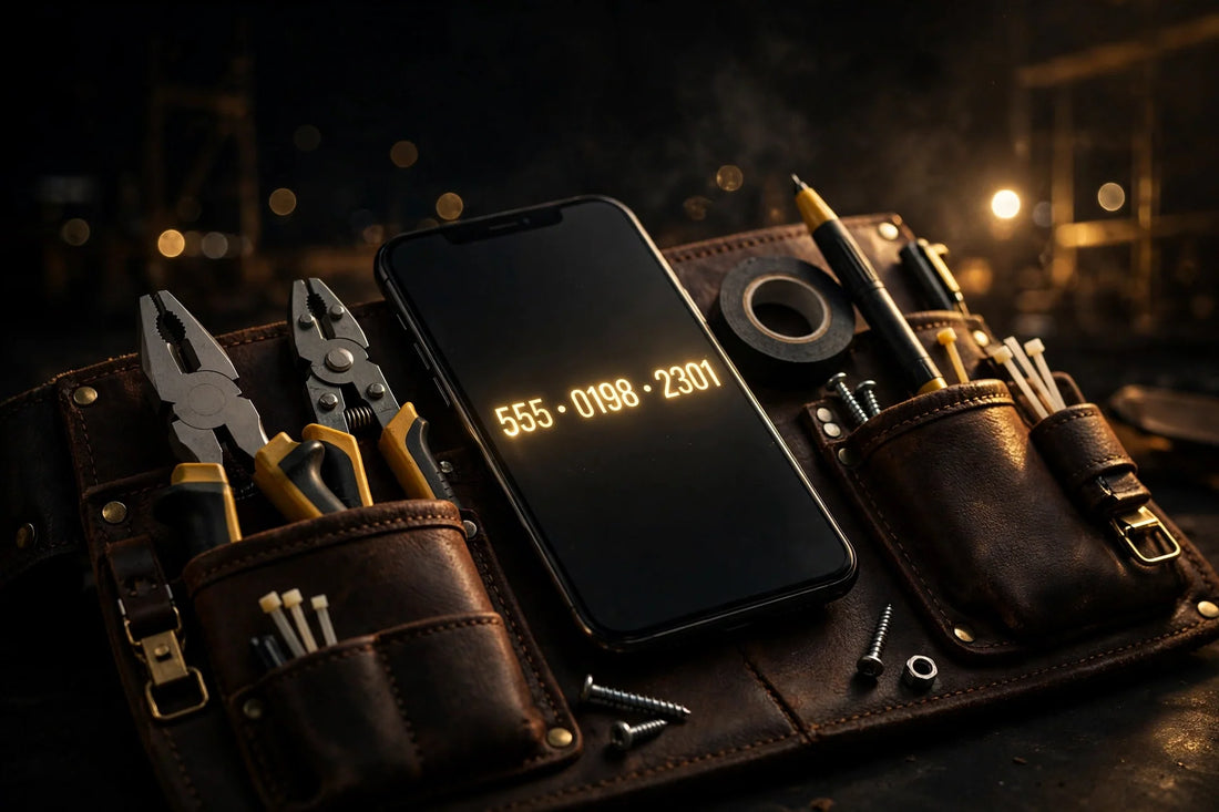 Contractor tool belt with smartphone showing a glowing gold vanity phone number
