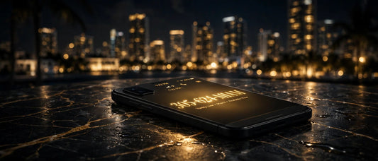 Black smartphone displaying a golden 305 vanity phone number against the Miami skyline at night