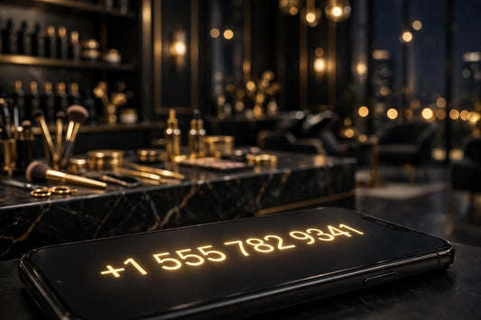 Vanity phone numbers for salons and spas — glowing gold number on a smartphone in an elegant dark salon