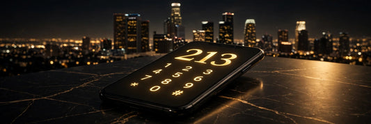Smartphone with glowing gold 213 digits against the Los Angeles downtown skyline at night