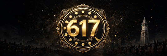Dark premium hero image with glowing gold vanity phone number digits and the Boston skyline silhouette for 617 vanity phone numbers